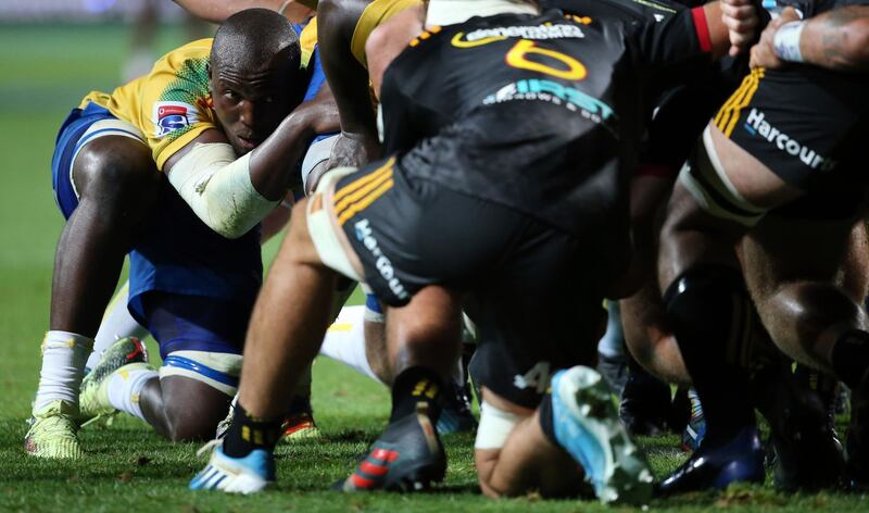 Thembelani Bholi of the Bulls packs down in the side of the scrum during the Super Rugby match between the Waikato Chiefs of New Zealand and the Northern Bulls of South Africa. Michael Bradley / AFP