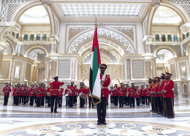 ABU DHABI, UNITED ARAB EMIRATES. 2 DECEMBER 2019. 
Abu Dhabi’s Police Band performs on UAE’s National Day celebrations at Qasr Al Watan.
(Photo: Reem Mohammed/The National)

Reporter:
Section: