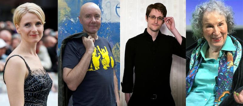 Frankfurt Book Fair guest authors (L-R) Elizabeth Gilbert, Irvine Welsh, Edward Snowden and Margaret Atwood. AP / Rex / AFP / Supplied