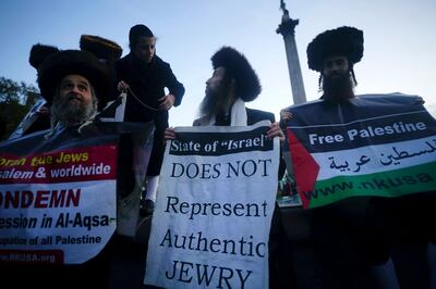 Orthodox Jewish men and boys take part in a pro-Palestinian rally in Trafalgar Square, London. AP