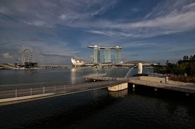 A general view of the Singapore Flyer, Marina Bay Sands, an empty Merlion Park and an empty Jubilee Bridge. Getty Images