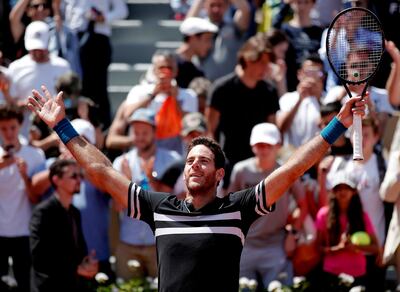 epa06790882 Juan Martin Del Potro of Argentina reacts after winning against Marin Cilic of Croatia during their men’s quarter final match during the French Open tennis tournament at Roland Garros in Paris, France, 07 June 2018.  EPA/YOAN VALAT