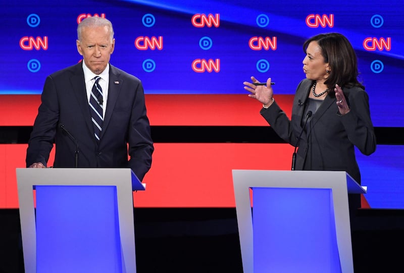 Democrats Joe Biden and Kamala Harris speak during the second round of the second Democratic primary debate of the 2020 presidential campaign season at the Fox Theatre in Detroit, Michigan.  AFP