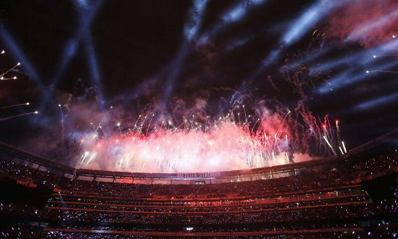 Fireworks go off over MetLife Stadium as Bruno Mars performs during the Super Bowl halftime show on Sunday. Kevin C Cox / Getty Images / AFP 