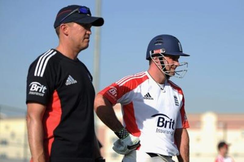Andrew Strauss, the England captain, right, and coach Andy Flower during a nets session.