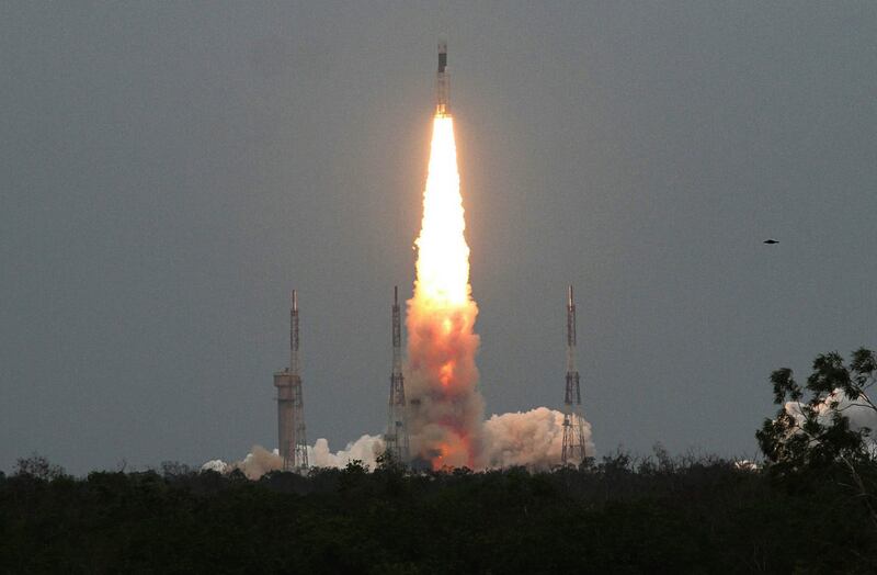 Indian Space Research Organisation (ISRO) orbiter vehicle 'Chandrayaan-2', India's first moon lander and rover mission planned and developed by the ISRO GSLV MKIII-M1, blasts off from a launch pad at Satish Dhawan Space Centre in Sriharikota, in the Southern Indian state of Tamil Nadu in July 2019. The mission to the moon was launched successfully on July 22 2019 from Sriharikota using the country's most powerful rocket Geosynchronous satellite launch Vehicle (GSLV) Mark III.  EPA