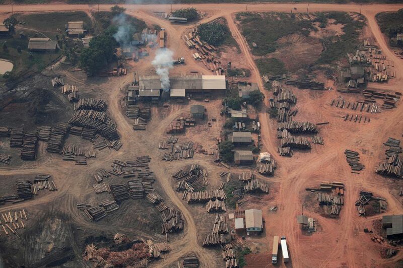 An aerial view of logs illegally cut from Amazon rainforest are seen in sawmills near Humaita, Amazonas State, Brazil.  Reuters