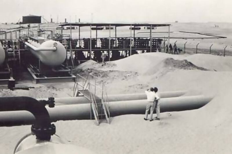 Archival image of Abu Dhabi Petroleum Company production at Bu Hasa, an Empty Quarter oilfield for which a concession was granted in 1939. Courtesy Total