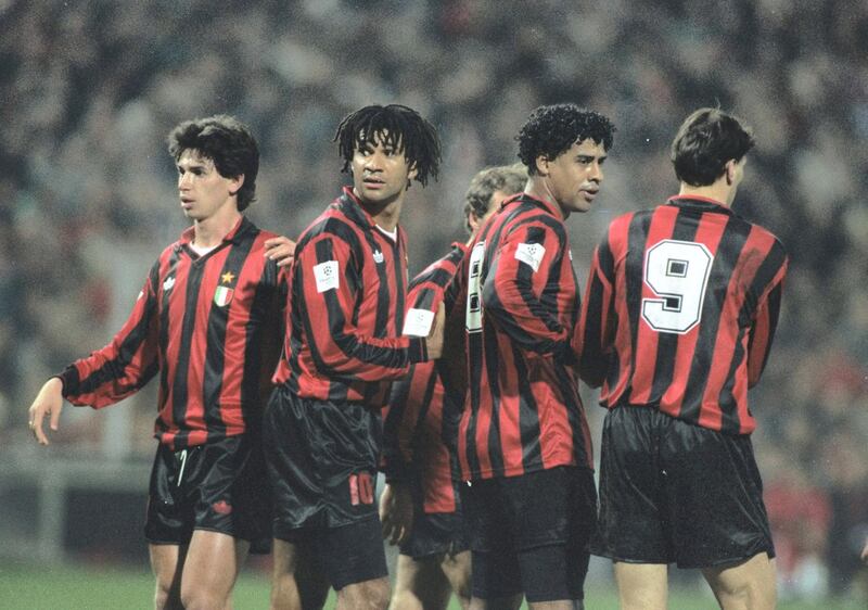 9 Dec 1992:   AC Milan Players Demetrio Albertini, Ruud Gullit, Frank Rijkaard and Marco Van Basten form a wall in the European Cup match  against PSV Eindhoven. AC Milan won the match 2-1. \ Mandatory Credit: Chris  Cole/Allsport