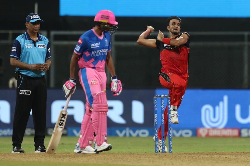 Harshal Patel of Royal Challengers Bangalore during match 16 of the Vivo Indian Premier League 2021 between the Royal Challengers Bangalore and the Rajasthan Royals held at the Wankhede Stadium Mumbai on the 22nd April 2021.

Photo by Deepak Malik/ Sportzpics for IPL