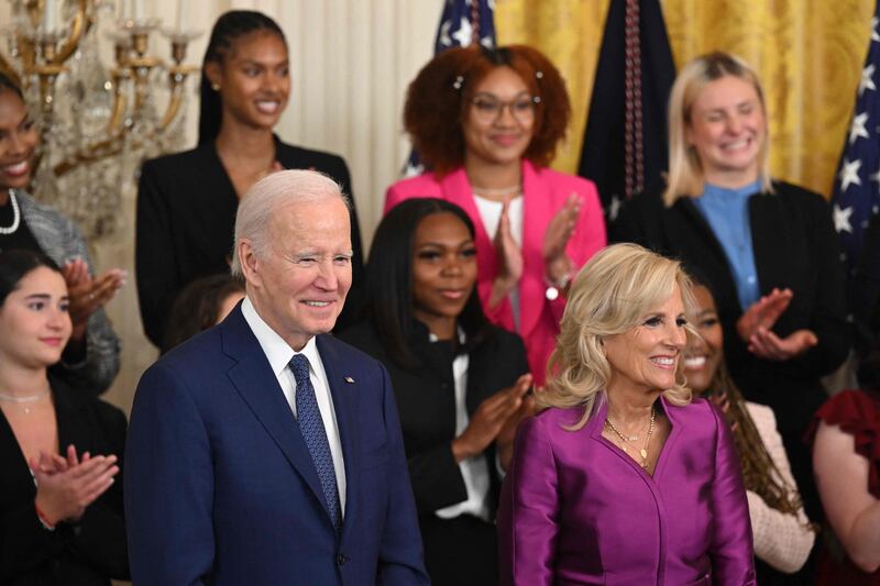 US President Joe Biden and wife Jill in the East Room of the White House on March 22. AFP