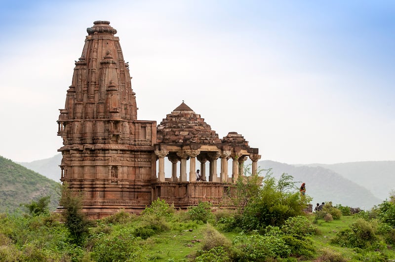 The Mangala Devi Temple stands tall amid the ruins of  Bhangarh