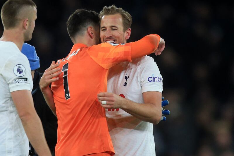 Tottenham goalkeeper Hugo Lloris congratulates Harry Kane. AFP