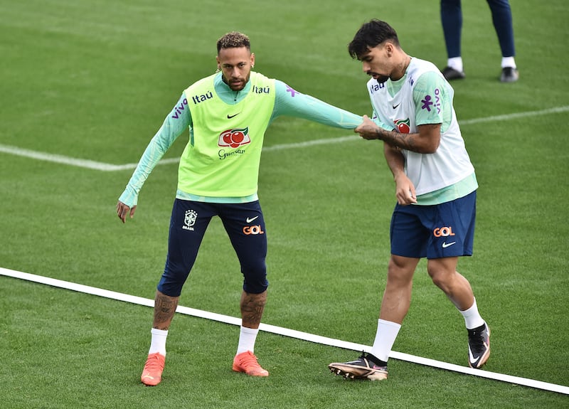 Neymar with Lucas Paqueta during training in Turin, Italy, on November 15, 2022, as Brazil team continue their preparations for the World Cup. Reuters