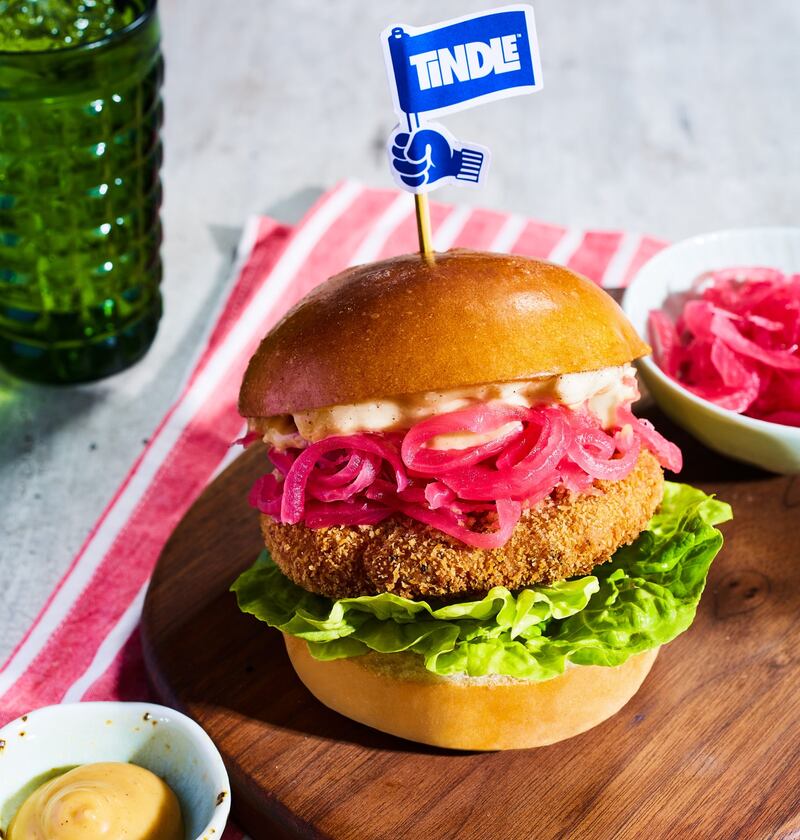 A chicken kiev burger, made from Tindle plant-based chicken meat.
