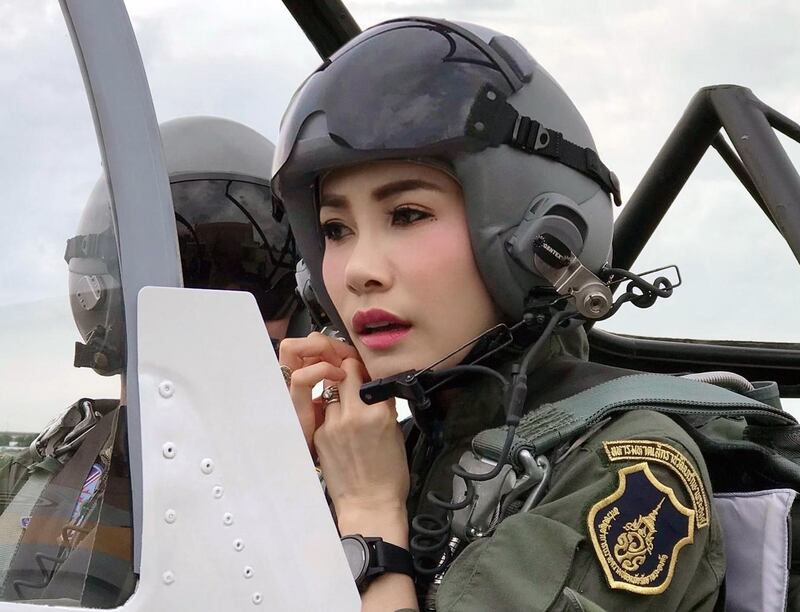 Thai royal consort Sineenat in a military aircraft, in an image released by the royal palace of Thailand in August. EPA
