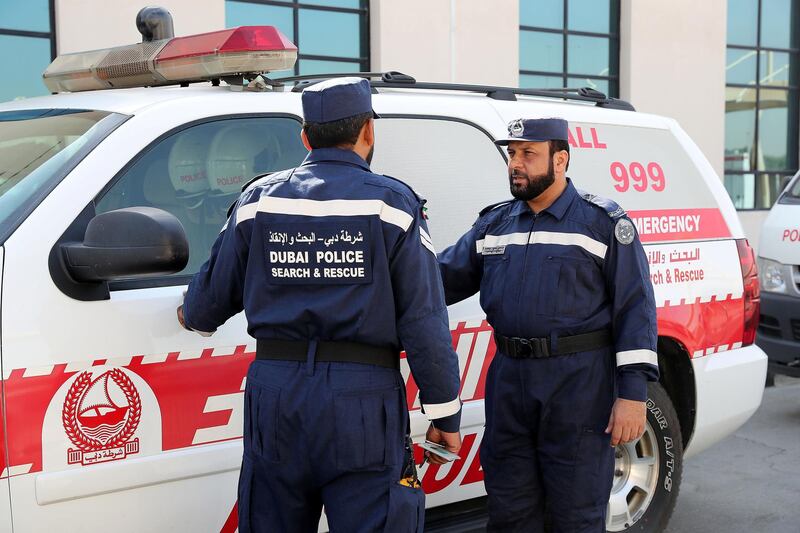 DUBAI , UNITED ARAB EMIRATES , Oct 1  ��� 2017 :- Left to Right - Mohammed Thabit M. Al Saadi and  Mohammed Ahmed Al Saadi , Dubai Police officers during their duty at the Dubai Police Search and Rescue Department on Sheikh Mohammed Bin Zayed road near International City in Dubai.  ( Pawan Singh / The National ) Story by Nawal