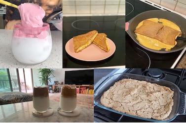 Clockwise from top left: whipped strawberry milk; the pan-flipped egg sandwich; peanut butter loaf; Dalgona coffee