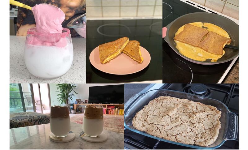 Clockwise from top left: whipped strawberry milk; the pan-flipped egg sandwich; peanut butter loaf; Dalgona coffee