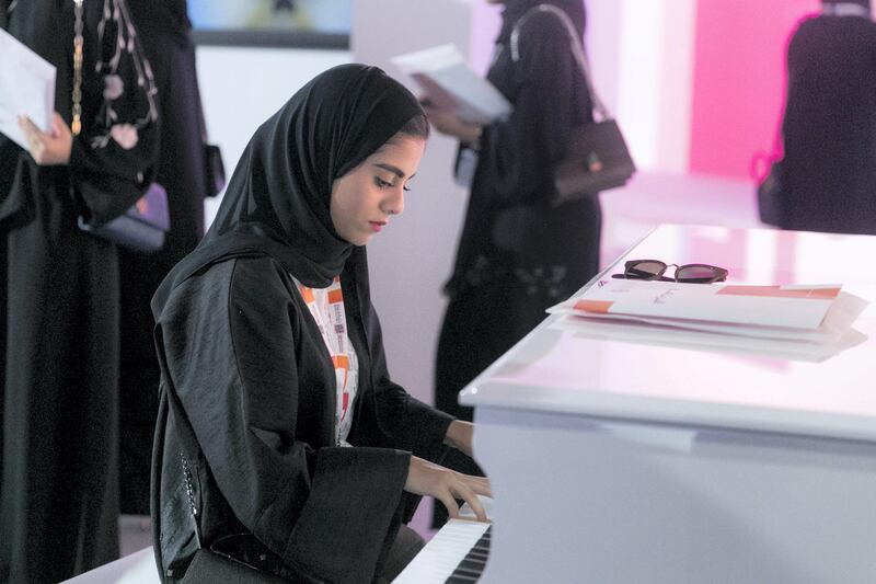 ABU DHABI, UNITED ARAB EMIRATES - OCTOBER 08, 2018. 

Mariam Al Shaloubi, 19, UAE University, plays the pianon at Mohammed Bin Zayed Council for Future Generations sessions, held at ADNEC.

(Photo by Reem Mohammed/The National)

Reporter: SHIREENA AL NUWAIS + ANAM RIZVI
Section:  NA