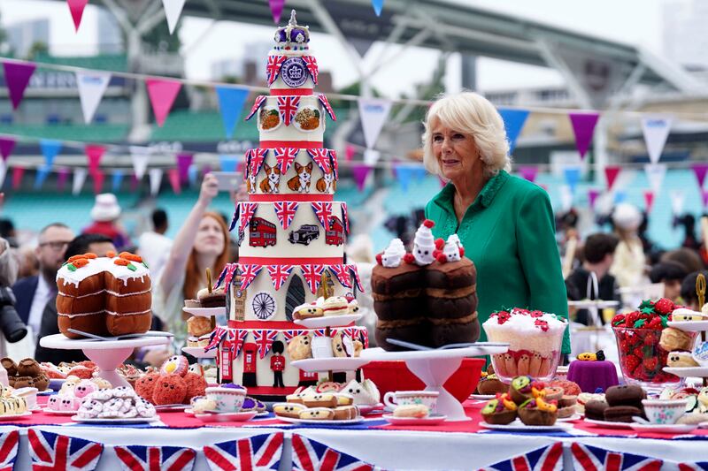 Camilla, Duchess of Cornwall, arrives for the Big Jubilee Lunch at The Oval cricket ground. AP Photo