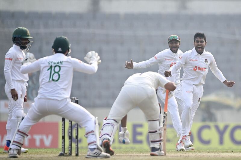 Bangladesh’s Mehidy Hasan Miraz took five wickets in the second innings. AFP