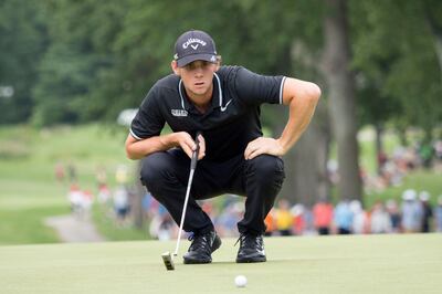 August 5, 2017; Akron, OH, USA; Thomas Pieters lines up his putt on the second hole during the third round of the WGC - Bridgestone Invitational golf tournament at Firestone Country Club - South Course. Mandatory Credit: Kyle Terada-USA TODAY Sports
