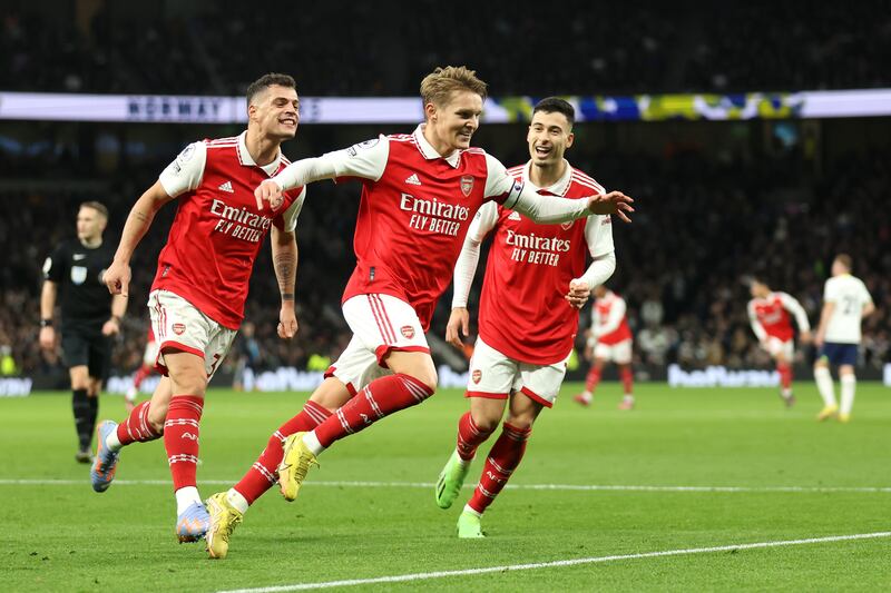 Arsenal's Martin Odegaard celebrates after scoring the second goal. Getty