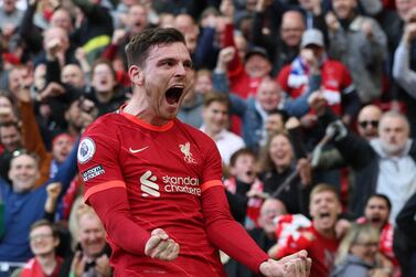 Soccer Football - Premier League - Liverpool v Everton - Anfield, Liverpool, Britain - April 24, 2022  Liverpool's Andrew Robertson celebrates scoring their first goal REUTERS/Phil Noble EDITORIAL USE ONLY.  No use with unauthorized audio, video, data, fixture lists, club/league logos or 'live' services.  Online in-match use limited to 75 images, no video emulation.  No use in betting, games or single club /league/player publications.   Please contact your account representative for further details. 