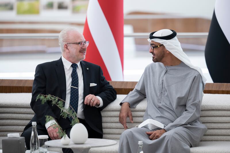 Sheikh Mohamed bin Zayed, Crown Prince of Abu Dhabi and Deputy Supreme Commander of the Armed Forces, with President Egils Levits of Latvia at Expo 2020 Dubai. Photo: Ministry of Presidential Affairs