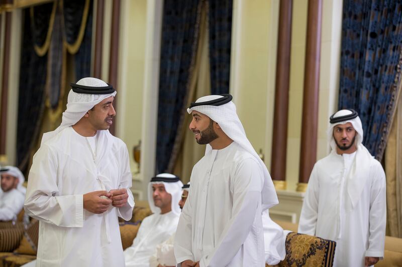ABU DHABI, UNITED ARAB EMIRATES -June 07, 2016: HH Sheikh Abdullah bin Zayed Al Nahyan, UAE Minister of Foreign Affairs and International Cooperation (L) and HH Dr Sheikh Hazza bin Sultan bin Zayed Al Nahyan (C) attend an iftar reception at Mushrif Palace.

( Mohamed Al Hammadi / Crown Prince Court - Abu Dhabi )
--- *** Local Caption ***  20160607MH0C075874.JPG