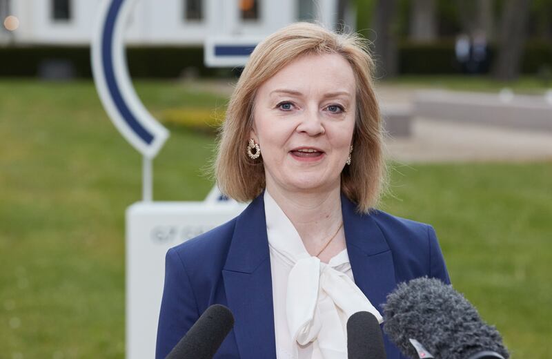 British Foreign Secretary Liz Truss briefs the media upon arrival at the G7 Foreign Ministers Summit in Wangels, Germany. EPA
