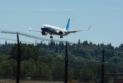 The Boeing 737 Max 10 airplane prepares to land at Boeing Field in Seattle, Washington, U.S., on Friday, June 18, 2021. Boeing Co.'s biggest 737 Max model took its initial flight on Friday morning, marking another milestone in the jet family's comeback from tragedy and a lengthy grounding. Photographer: Chona Kasinger/Bloomberg