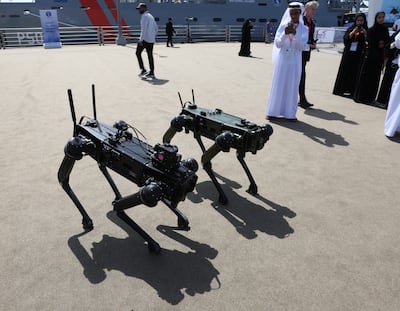 Military robots perform at the 16th edition of International Defence Exhibition and Conference in Abu Dhabi. EPA