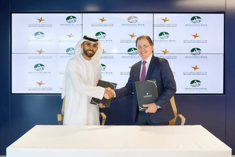Abdulla AlShamsi, acting director general of Adio, and Daniel Chapman, chief executive and chief information officer of Argentem Creek, at the agreement signing ceremony. Photo: Adio