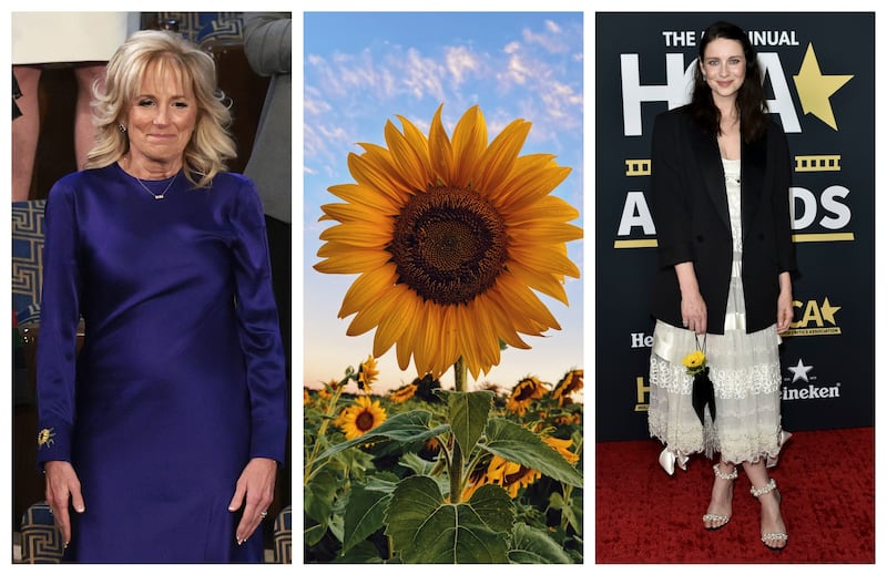 The US first lady Jill Biden, left, wears a dress embroidered with a sunflower, while Irish actress Caitriona Balfe carries a sunflower in her bag. Photo: Reuters, Aaron Burden / Unsplash, AP