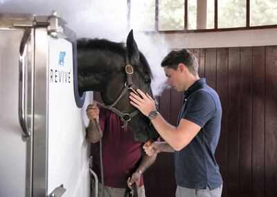 DUBAI, UNITED ARAB EMIRATES. 20 AUGUST 2019. 
Luka Jurkovič, General Manager, Revive Cryotherapy, at Zaabeel Stables. Zabeel Stables in Dubai is home to the world's first Equine Cryotherapy Cabin. Working new offices in Dubai’s Downtown, Revive also worked with Sateesh Seemar, head trainer at Zabeel Stables in Dubai, during the process, and personally supervised and monitored the first field trials in Dubai.

A cryotherapy session for a full grown racehorse lasts around five minutes, at temperatures as low as minus 140° celsius.

(Photo: Reem Mohammed/The National)

Reporter:
Section: