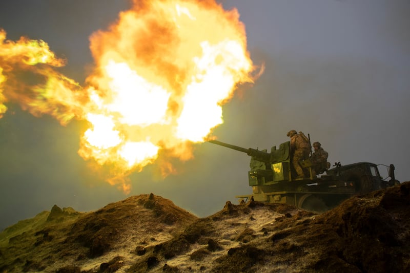 An anti-aircraft gun in January 2023 fires at Russian positions near Bakhmut, Donetsk. Reuters