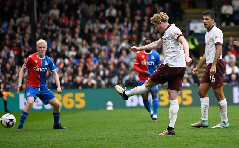 Manchester City's Kevin De Bruyne scores his second of the game. Reuters