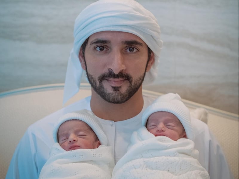 The Crown Prince of Dubai shared a picture with his twins,  Rashid and Shaikha, taken right after they were born, to mark their first birthday on May 20, 2022