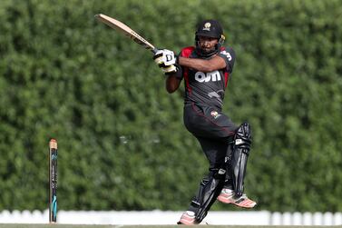 Dubai, United Arab Emirates - January 21st, 2018: UAE's Ghulam Shabber in action during the match between the UAE and Scotland. Sunday, January 21st, 2018 at ICC Academy, Dubai. Chris Whiteoak / The National