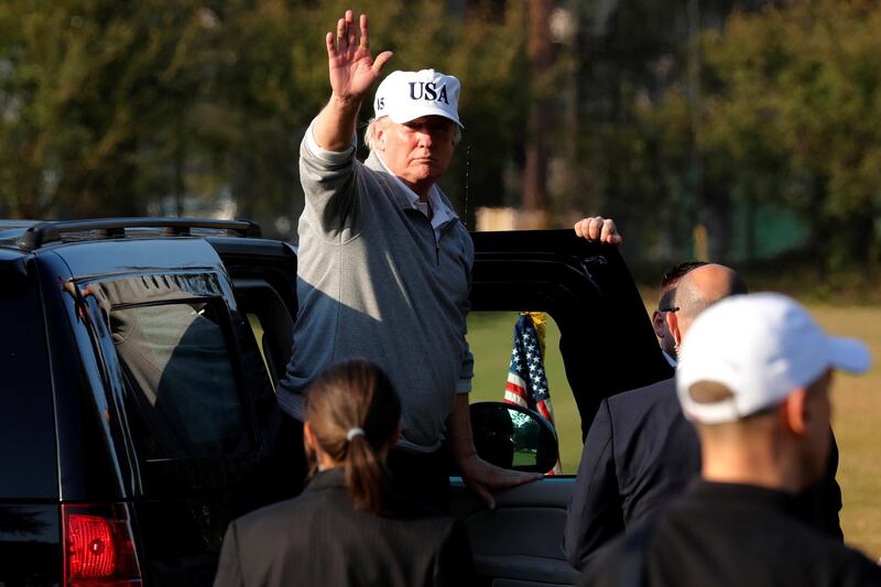 U.S. President Donald Trump departs after a round of golf with Japan's Prime Minister Shinzo Abe at Kasumigaseki Country Club in Kawagoe, Japan November 5, 2017. REUTERS/Jonathan Ernst