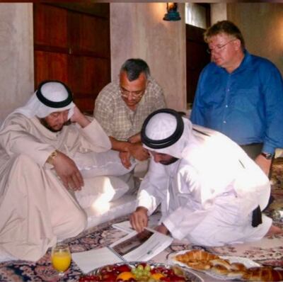 Dr Loughland with Sheikh Sultan bin Zayed and other officials in Abu Dhabi planning mangrove planting in 1998. Photo: Dr Ronald Loughland