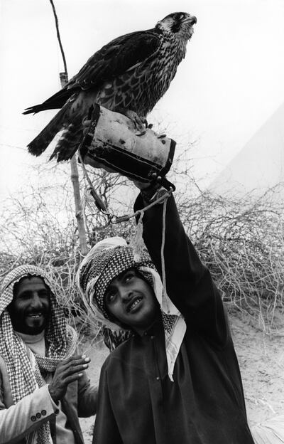 Sheikh Mohamed with a falcon during his visit to Pakistan in 1970s. Courtesy: The National Archives, Abu Dhabi