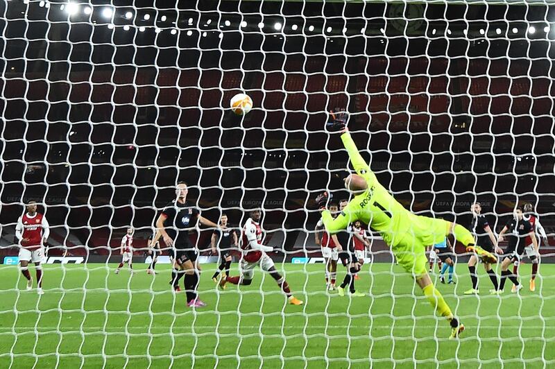 Arsenal's midfielder Nicolas Pepe scores against Dundalk at the Emirates Stadium. AFP