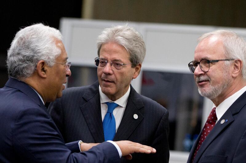 Italian Prime Minister Paolo Gentiloni (centre) speaks with Portuguese Prime Minister Antonio Costa (left) at an informal European Union (EU) summit with Western Balkans countries at the National Palace of Culture in Sofia, Bulgaria. Virginia Mayo / EPA