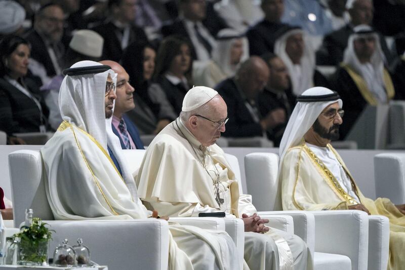 ABU DHABI, UNITED ARAB EMIRATES - February 4, 2019: Day two of the UAE papal visit - (L-R) HH Sheikh Mohamed bin Zayed Al Nahyan, Crown Prince of Abu Dhabi and Deputy Supreme Commander of the UAE Armed Forces, His Holiness Pope Francis, Head of the Catholic Church and HH Sheikh Mohamed bin Rashid Al Maktoum, Vice-President, Prime Minister of the UAE, Ruler of Dubai and Minister of Defence, attend the Human Fraternity Meeting, at The Founders Memorial.
( Rashed Al Mansoori / Ministry of Presidential Affairs )
---