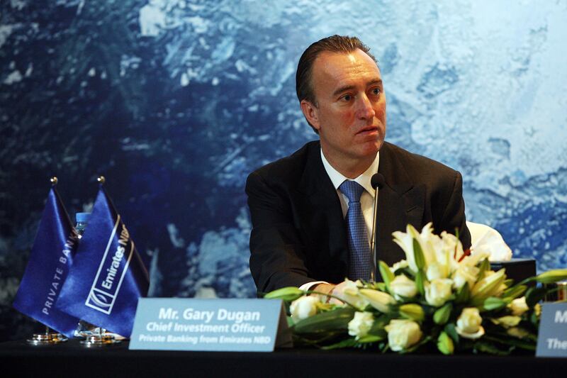 Dubai , United Arab Emirates-  January 26, 2011 ; Gary Dugan, Chief Investment Officer, Private Banking, Emirates NBD gestures during the  media conference in Dubai . ( Satish Kumar / The National )