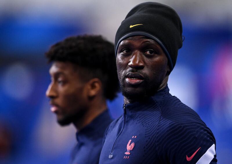 Moussa Sissoko (R) and Kingsley Coman (L) take part in a training session at the Stade de France stadium ahead of the Uefa Nations League match between France and Sweden. AFP