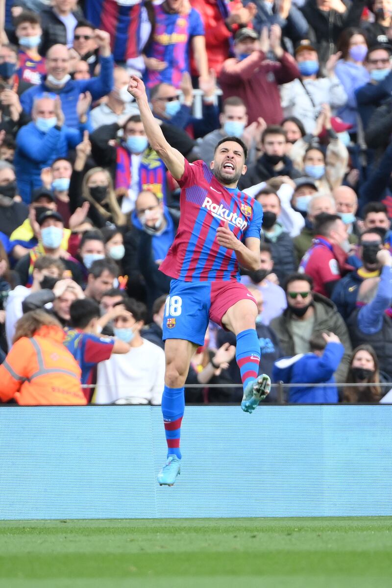 Barcelona's Jordi Alba celebrates scoring. AFP